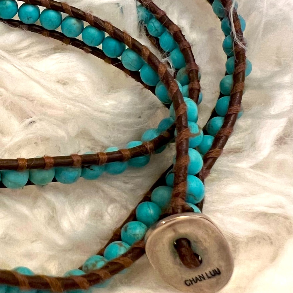 Chan Luu authentic 3 wrap bracelet turquoise bead with brown trim and tie